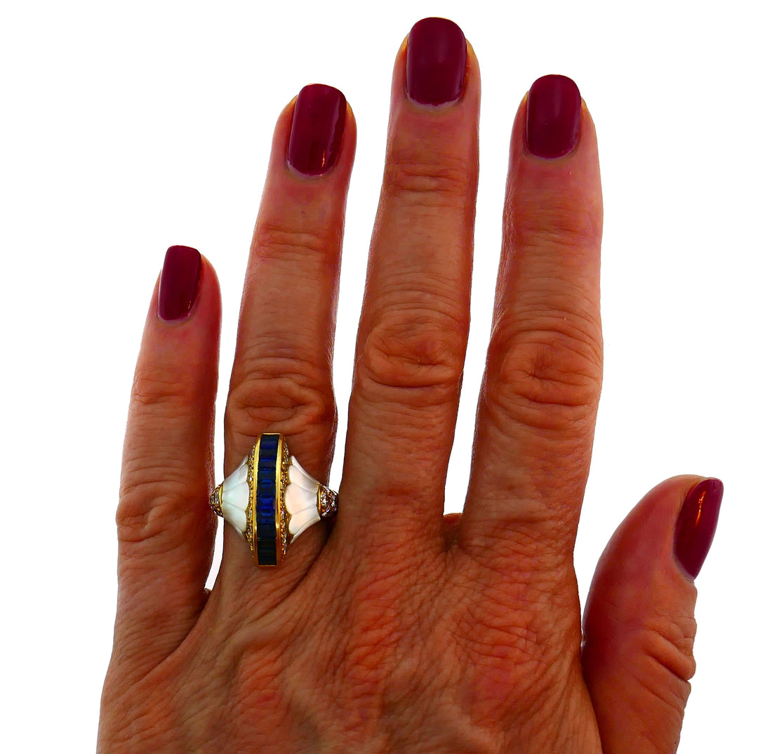 French Yellow Gold Cocktail Ring with Diamond Sapphire Mother of Pearl