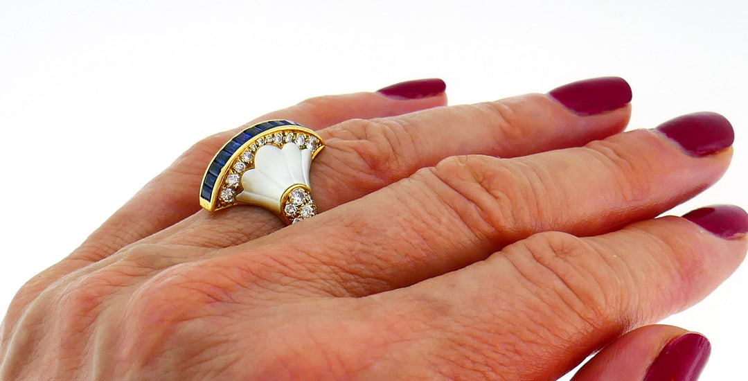 French Yellow Gold Cocktail Ring with Diamond Sapphire Mother of Pearl