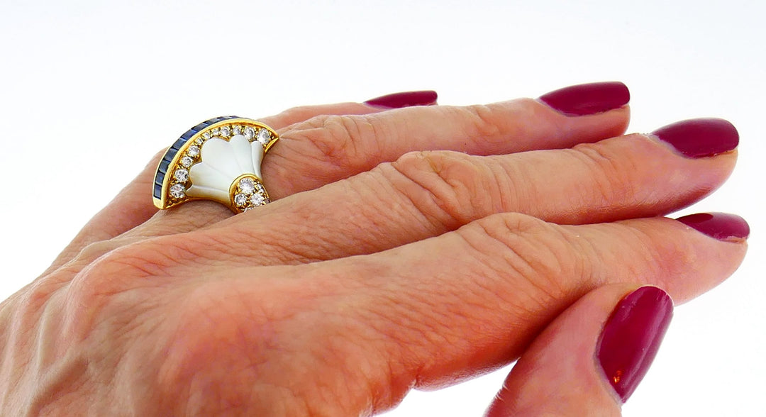 French Yellow Gold Cocktail Ring with Diamond Sapphire Mother of Pearl