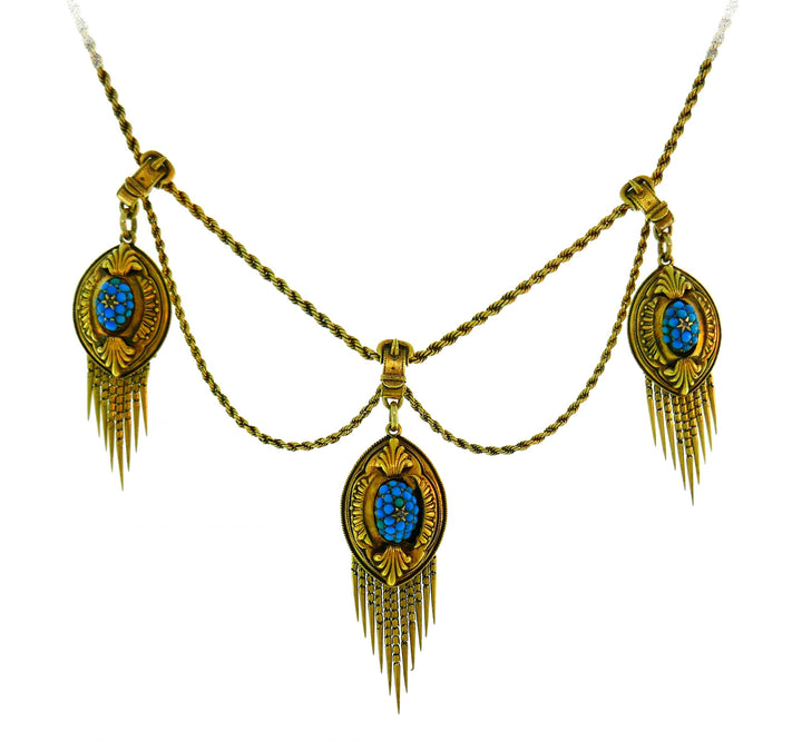 Victorian Turquoise Diamond Yellow Gold Necklace, 1900s Antique