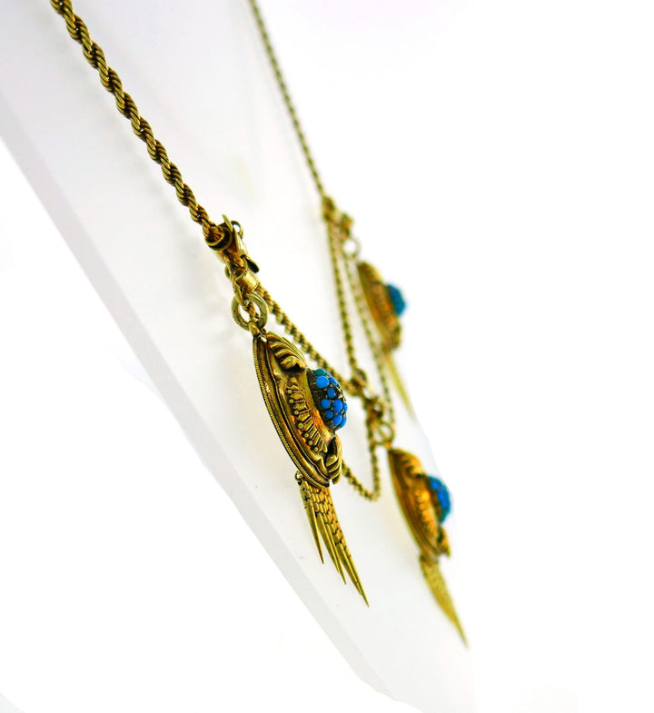 Victorian Turquoise Diamond Yellow Gold Necklace, 1900s Antique