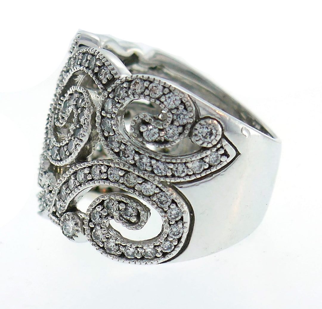 Vintage Diamond White Gold Wide Band Ring