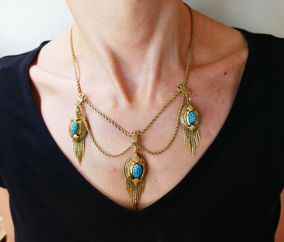 Victorian Turquoise Diamond Yellow Gold Necklace, 1900s Antique