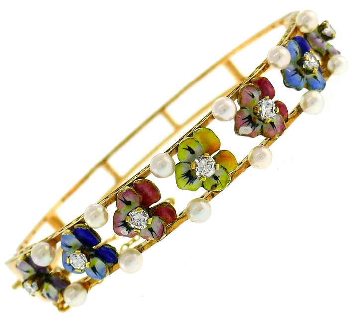 Vintage Enamel Yellow Gold Pansies Bangle Bracelet with Diamond and Pearl