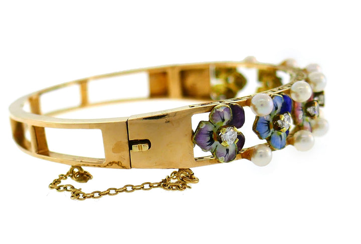 Vintage Enamel Yellow Gold Pansies Bangle Bracelet with Diamond and Pearl