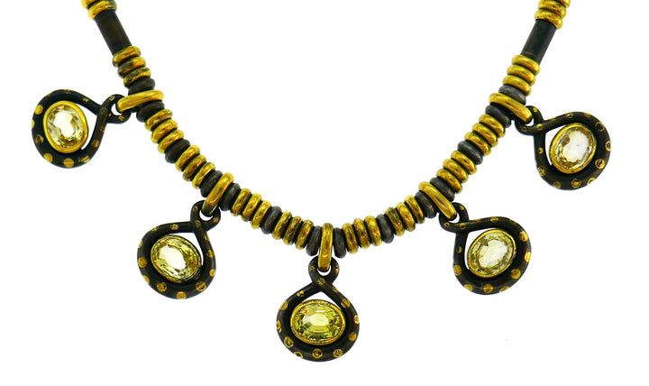 Faraone Yellow Sapphire Gold Necklace Earrings Set with Gun Metal