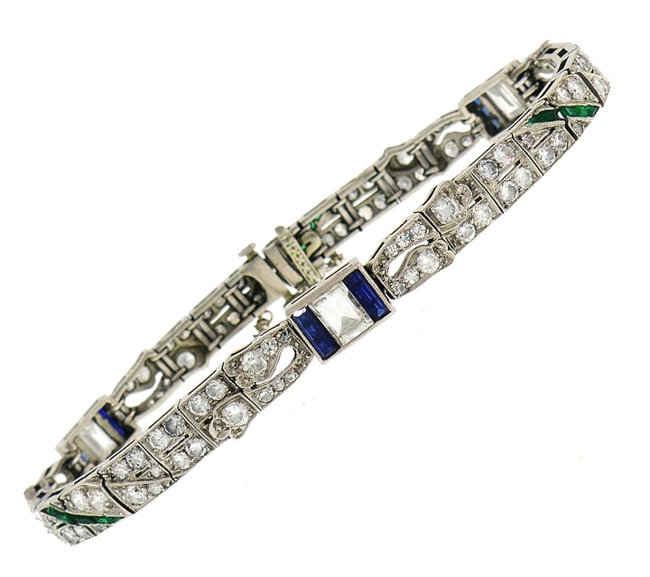 Art Deco Platinum Bracelet Diamond Sapphire Emerald