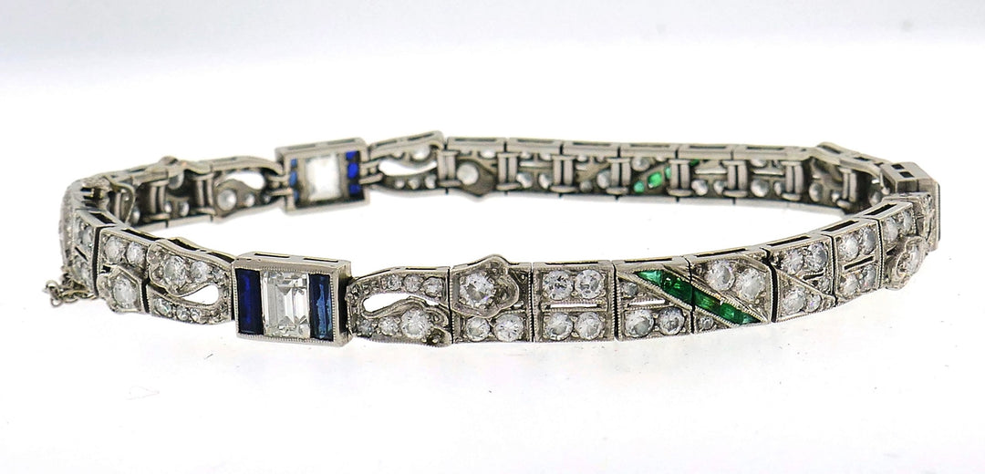 Art Deco Platinum Bracelet Diamond Sapphire Emerald