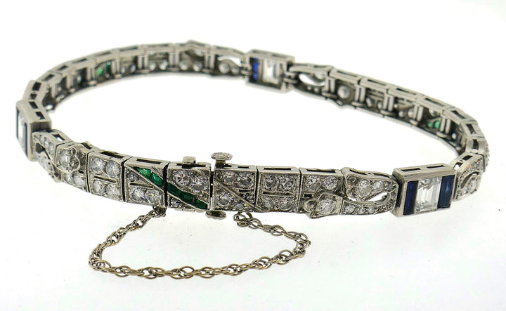 Art Deco Platinum Bracelet Diamond Sapphire Emerald