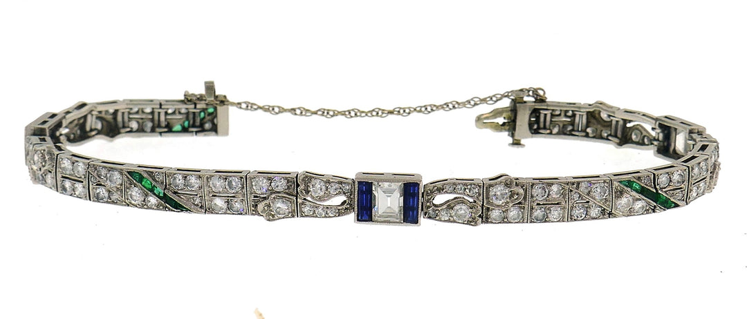 Art Deco Platinum Bracelet Diamond Sapphire Emerald