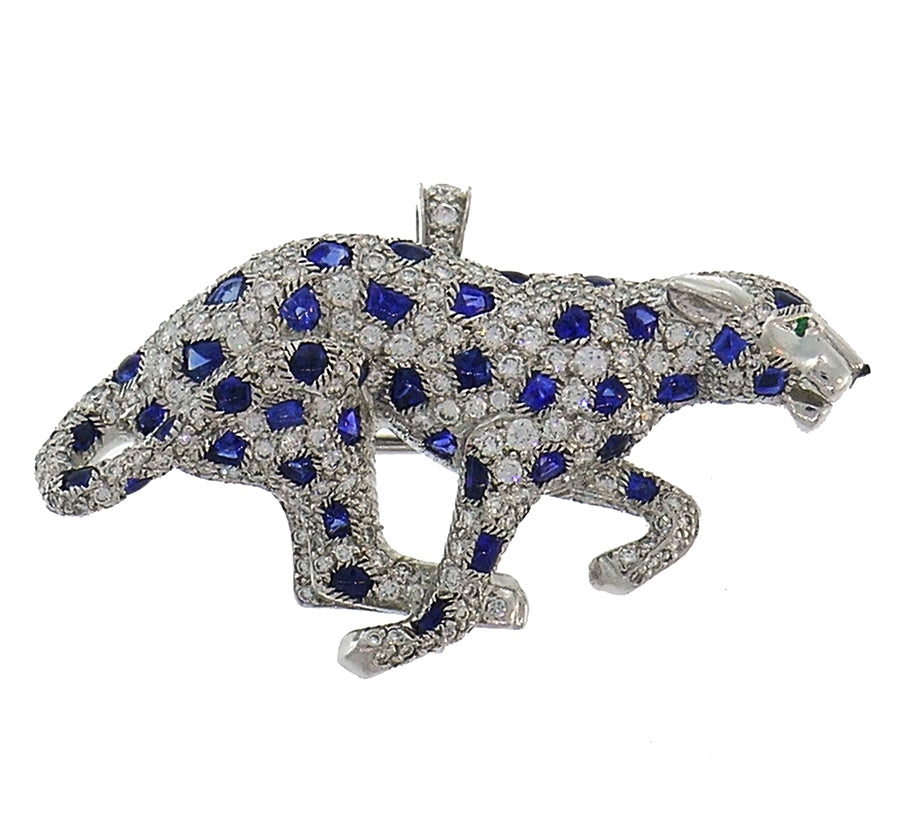 Cartier Panthere Pendant Brooch Pin Clip in Platinum Diamond Sapphire Pearl