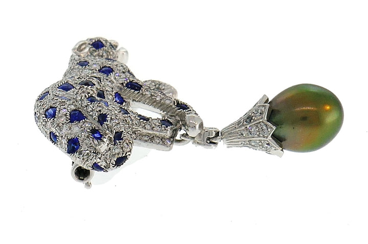 Cartier Panthere Pendant Brooch Pin Clip in Platinum Diamond Sapphire Pearl