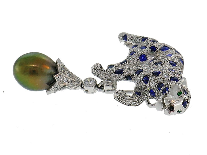 Cartier Panthere Pendant Brooch Pin Clip in Platinum Diamond Sapphire Pearl