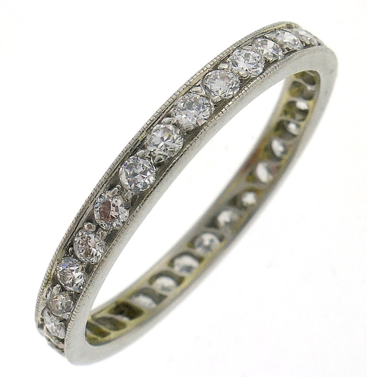 Art Deco Diamond Platinum Eternity Band Ring Size 7.5 Old European Cut Antique Jewelry