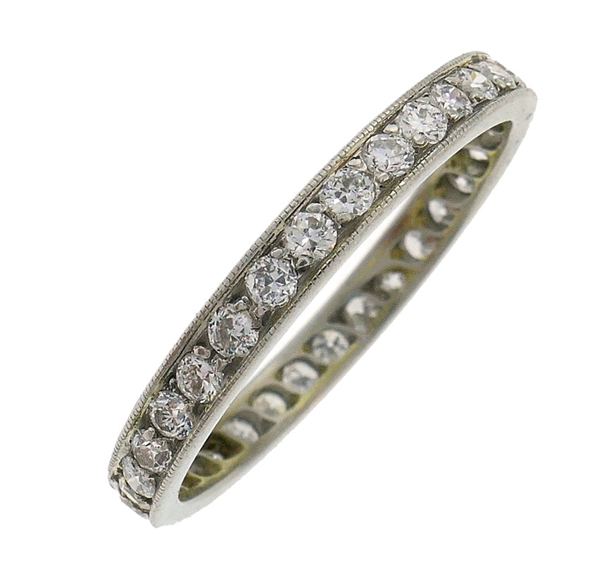 Art Deco Diamond Platinum Eternity Band Ring Size 7.5 Old European Cut Antique Jewelry