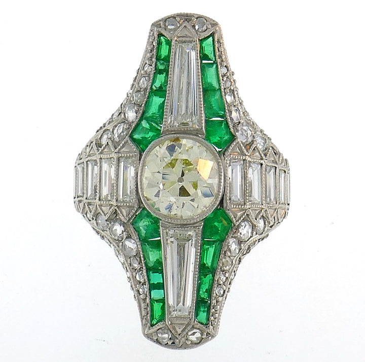 Art Deco Diamond Emerald Platinum Ring Old Cushion Cut