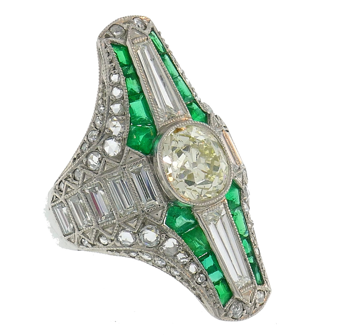 Art Deco Diamond Emerald Platinum Ring Old Cushion Cut