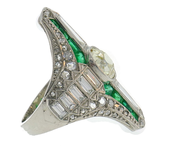 Art Deco Diamond Emerald Platinum Ring Old Cushion Cut