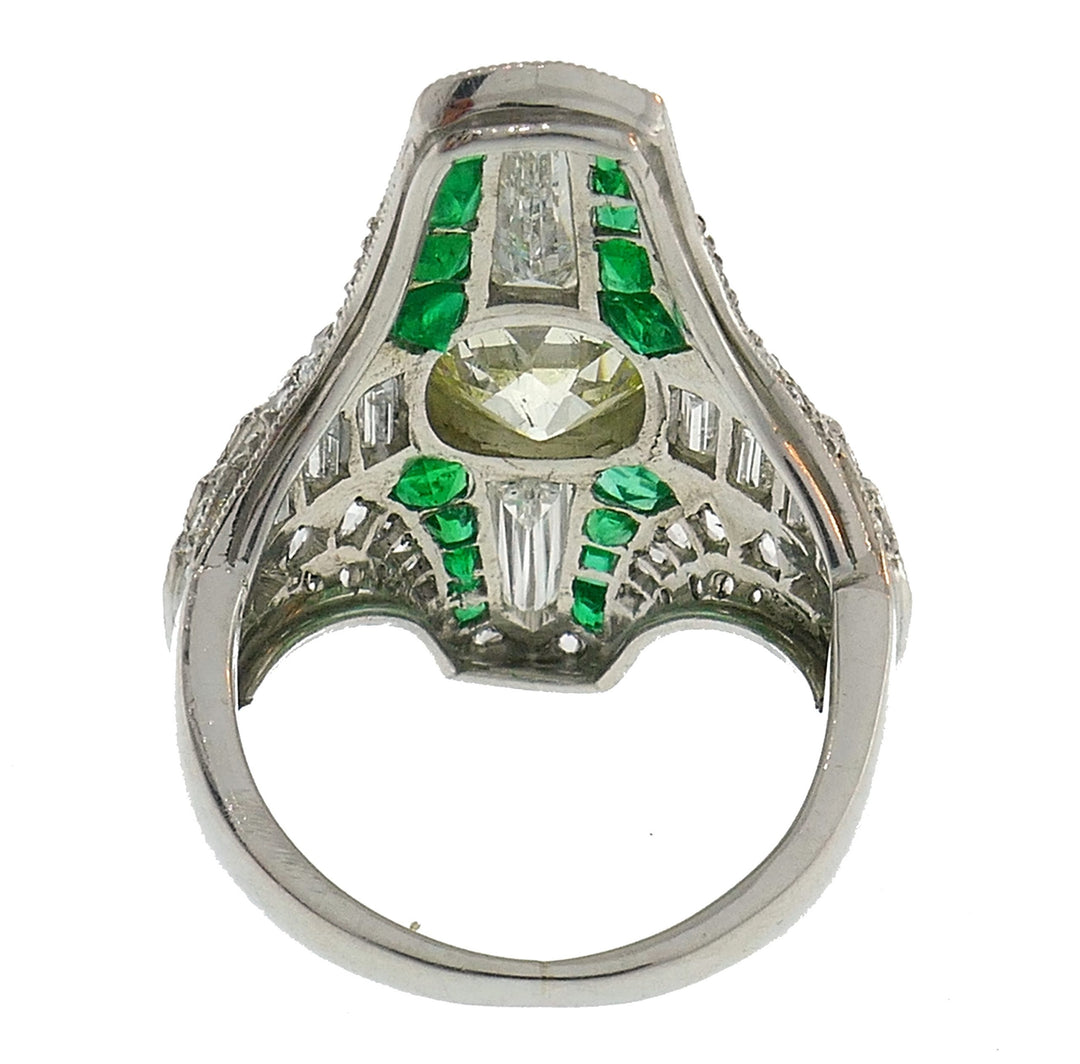 Art Deco Diamond Emerald Platinum Ring Old Cushion Cut