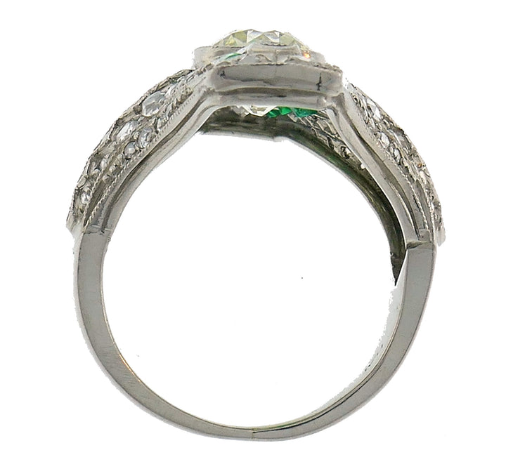 Art Deco Diamond Emerald Platinum Ring Old Cushion Cut