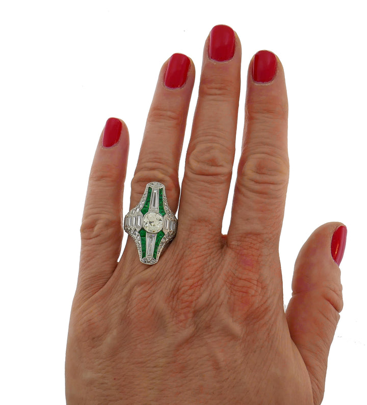 Art Deco Diamond Emerald Platinum Ring Old Cushion Cut