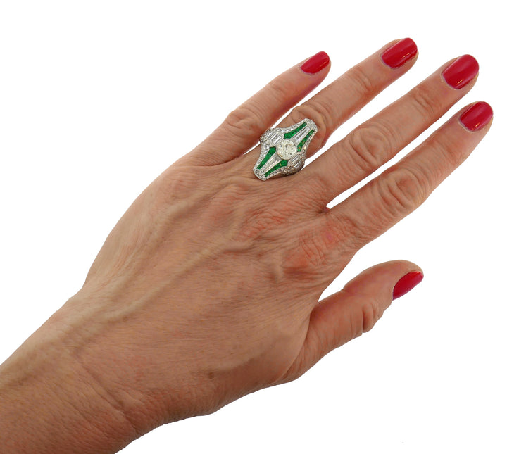 Art Deco Diamond Emerald Platinum Ring Old Cushion Cut