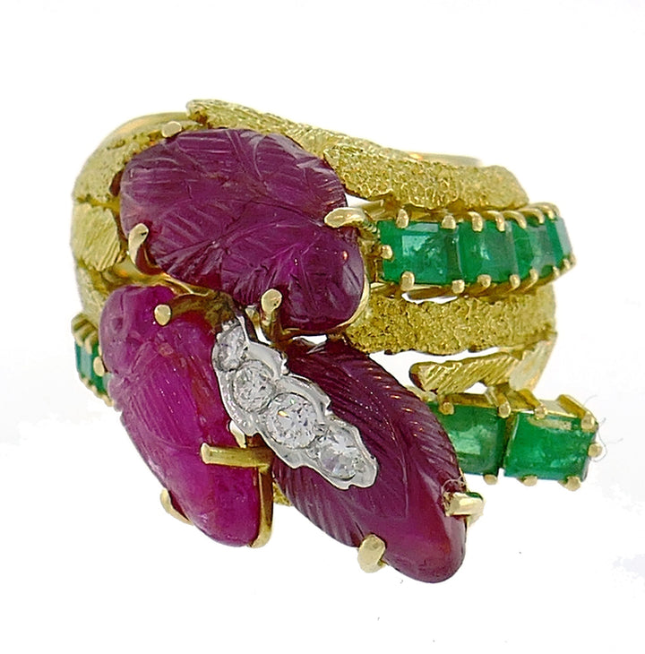 Vintage Tutti-Frutti 18k Gold Ring Diamond Emerald Carved Ruby