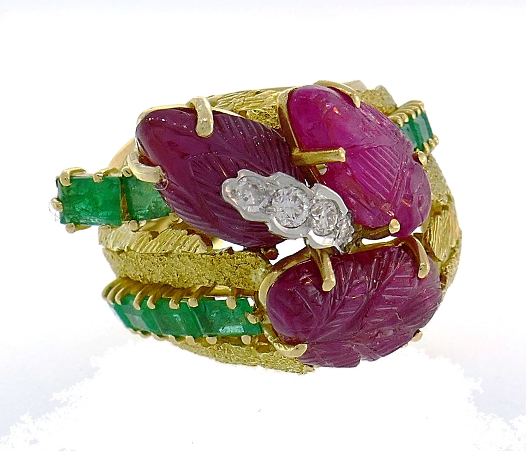 Vintage Tutti-Frutti 18k Gold Ring Diamond Emerald Carved Ruby