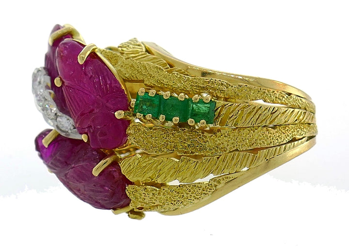 Vintage Tutti-Frutti 18k Gold Ring Diamond Emerald Carved Ruby