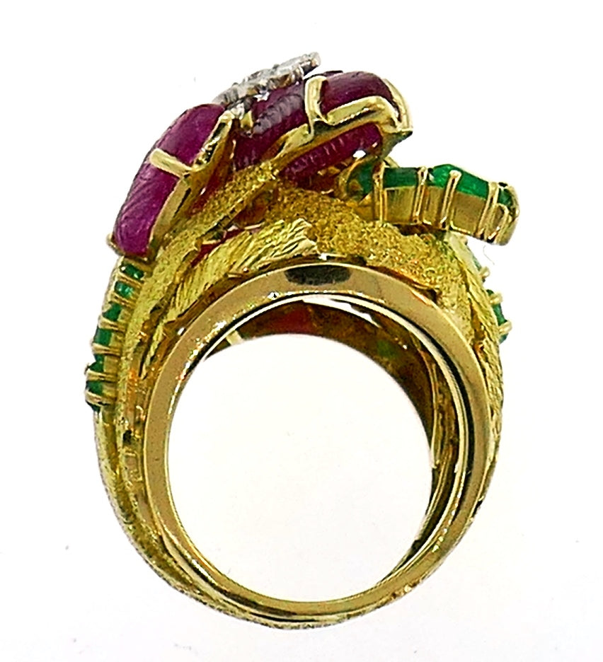 Vintage Tutti-Frutti 18k Gold Ring Diamond Emerald Carved Ruby