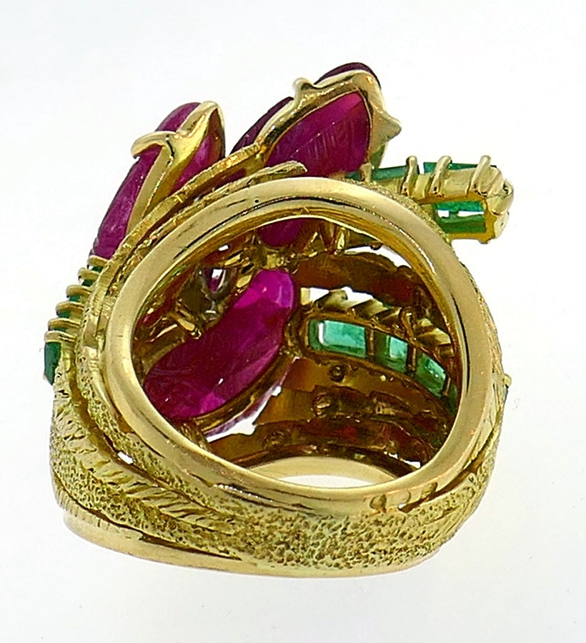 Vintage Tutti-Frutti 18k Gold Ring Diamond Emerald Carved Ruby