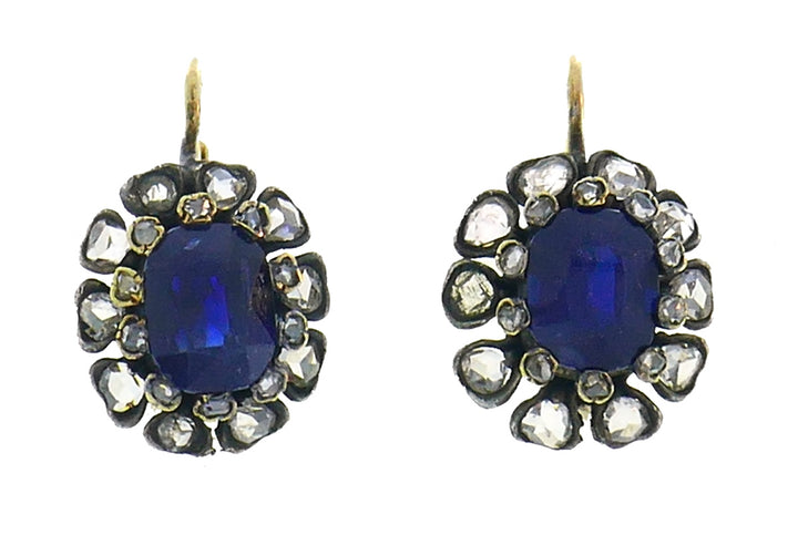 Victorian Sapphire Diamond Silver 14k Yellow Gold EARRINGS Drop Cluster Antique