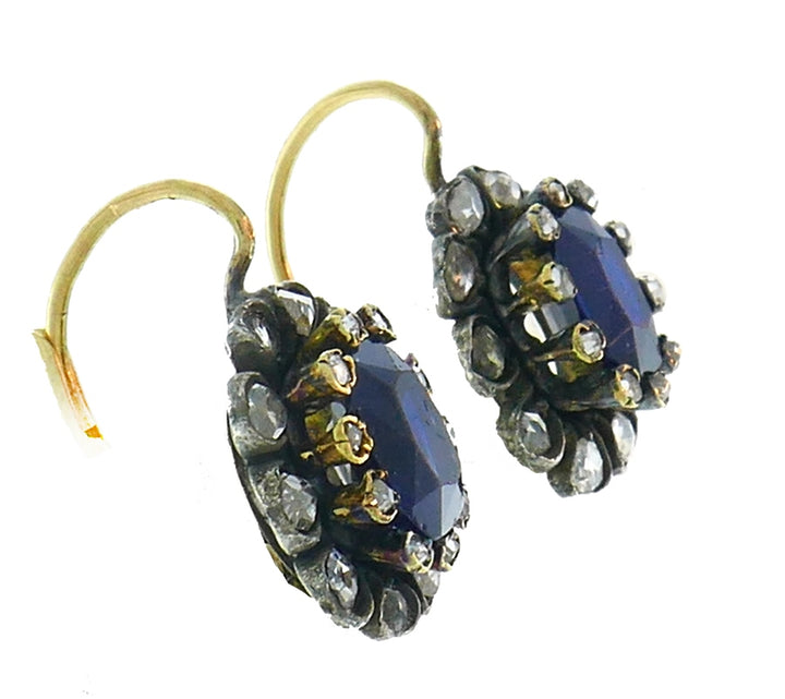 Victorian Sapphire Diamond Silver 14k Yellow Gold EARRINGS Drop Cluster Antique