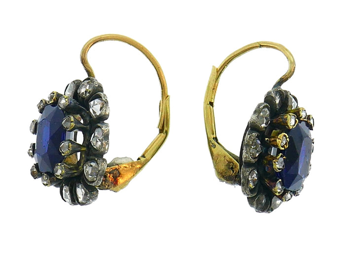 Victorian Sapphire Diamond Silver 14k Yellow Gold EARRINGS Drop Cluster Antique