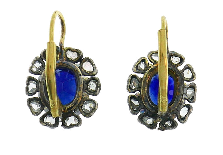 Victorian Sapphire Diamond Silver 14k Yellow Gold EARRINGS Drop Cluster Antique