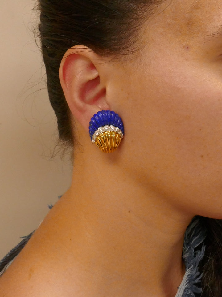 Vintage Lapis Lazuli 18k Gold Earrings Estate Jewelry