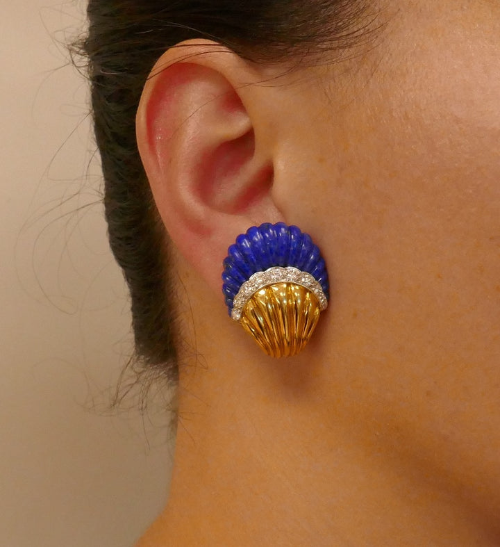 Vintage Lapis Lazuli 18k Gold Earrings Estate Jewelry