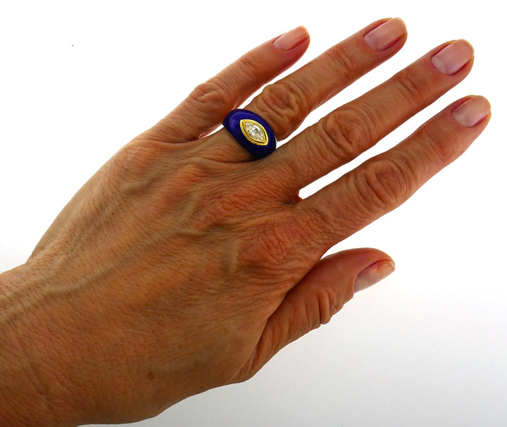 Vintage Diamond Enamel 18k Gold Evil Eye Ring Signed GB