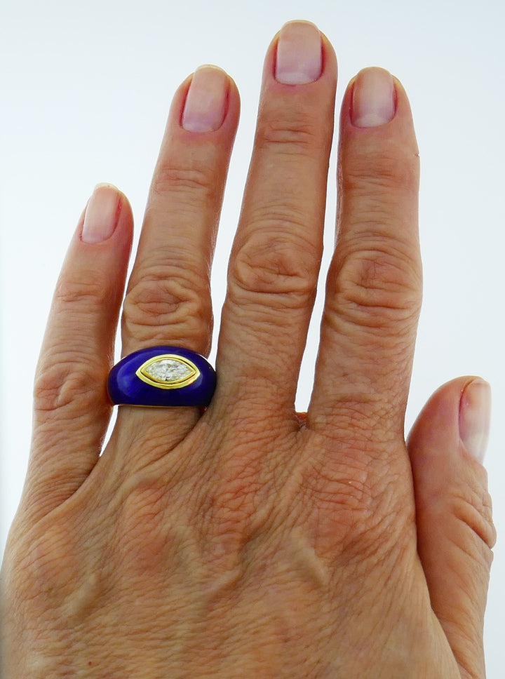 Vintage Diamond Enamel 18k Gold Evil Eye Ring Signed GB