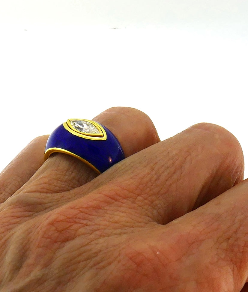 Vintage Diamond Enamel 18k Gold Evil Eye Ring Signed GB