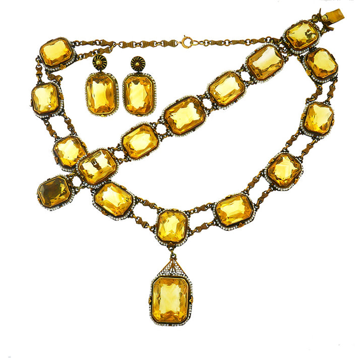 Victorian 14k Yellow Gold Necklace Earrings Bracelet Set Citrine Seed Pearl