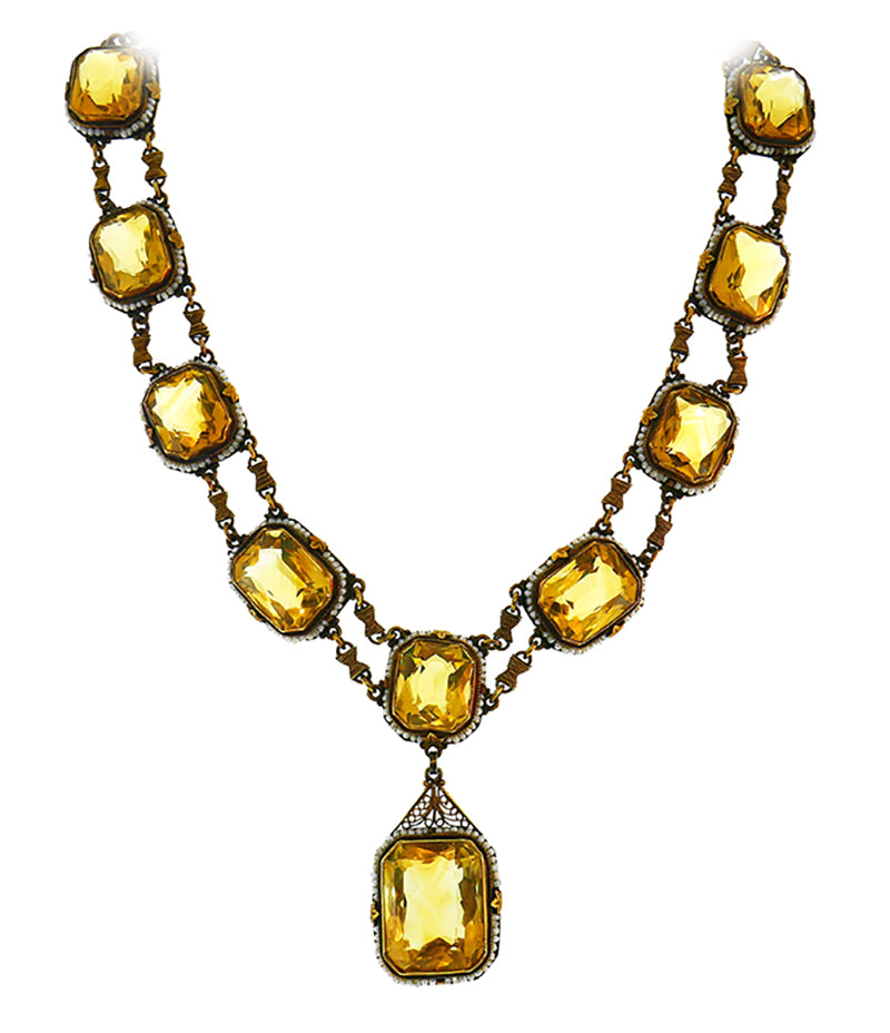 Victorian 14k Yellow Gold Necklace Earrings Bracelet Set Citrine Seed Pearl