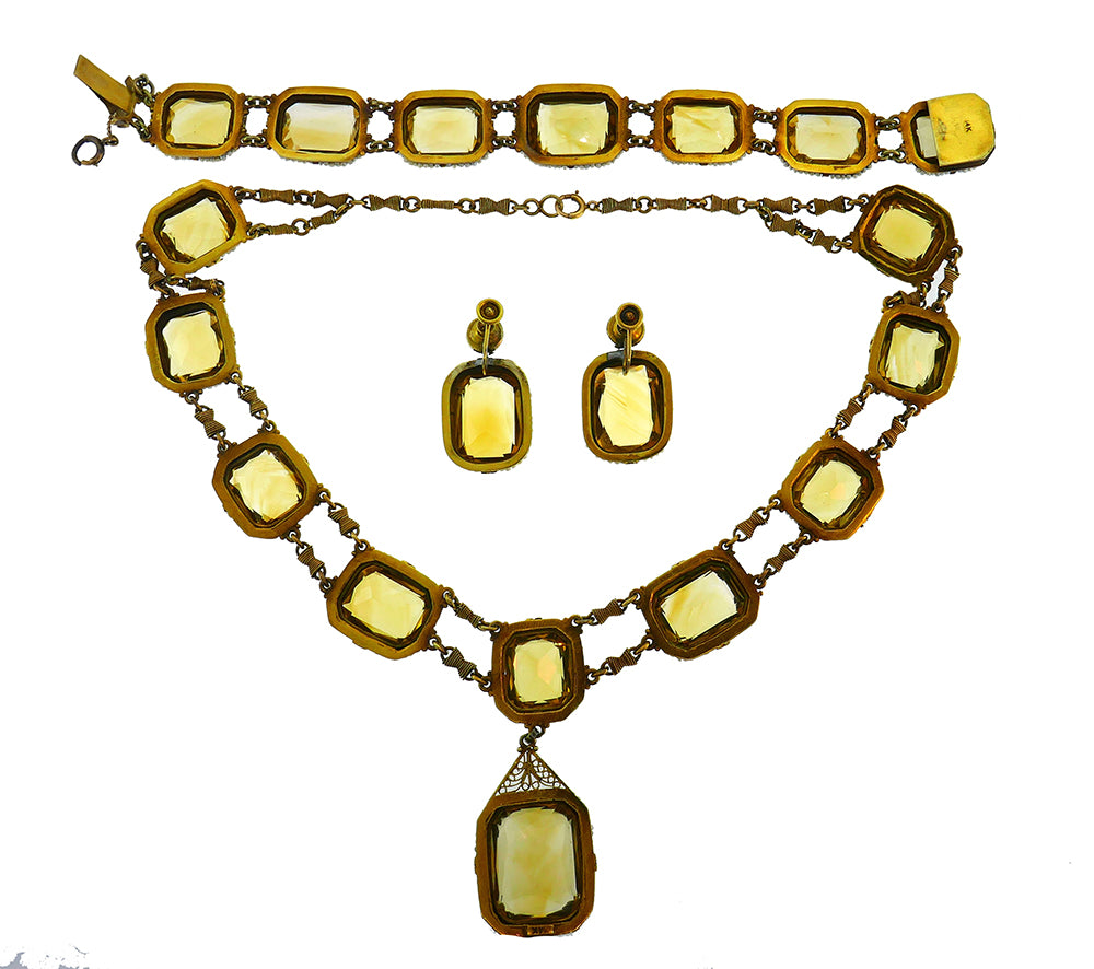 Victorian 14k Yellow Gold Necklace Earrings Bracelet Set Citrine Seed Pearl