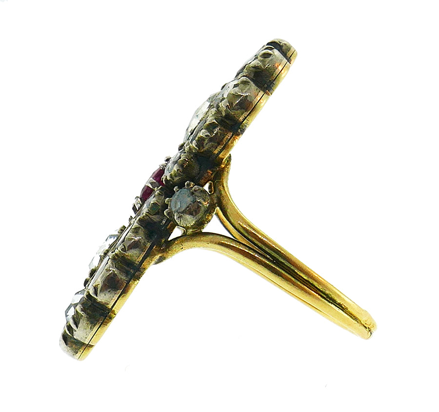 Victorian French Diamond Ruby 18k Gold Silver Ring Antique