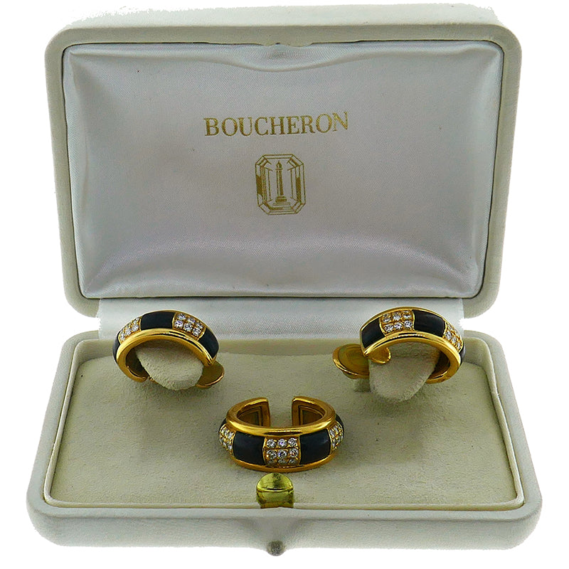 Vintage Boucheron Wood 18k Gold Ring Earrings Set