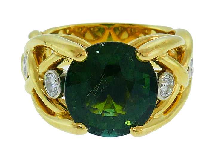 Vintage Green Tourmaline Diamond 18k Yellow Gold Ring French Signed BJ