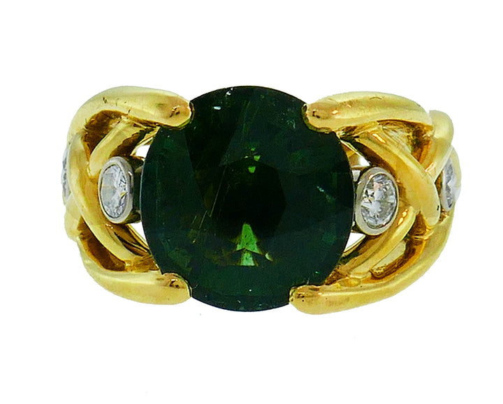 Vintage Green Tourmaline Diamond 18k Yellow Gold Ring French Signed BJ