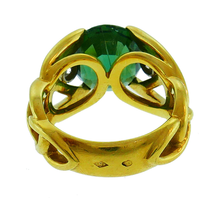 Vintage Green Tourmaline Diamond 18k Yellow Gold Ring French Signed BJ