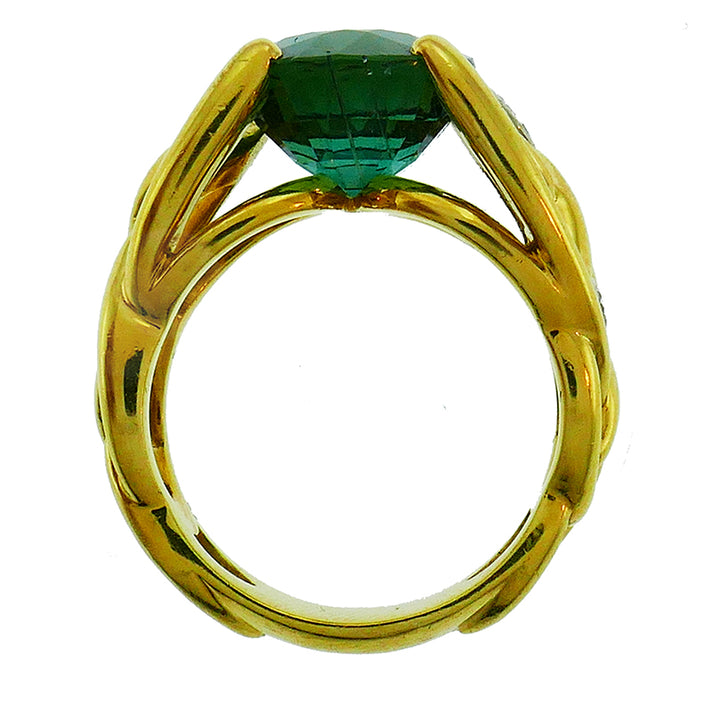 Vintage Green Tourmaline Diamond 18k Yellow Gold Ring French Signed BJ