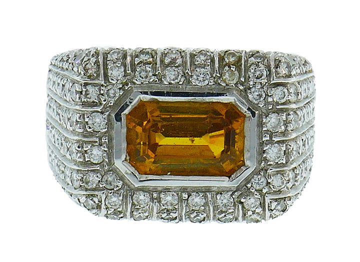 Vintage Yellow Sapphire Diamond 18k White Gold Ring Italy